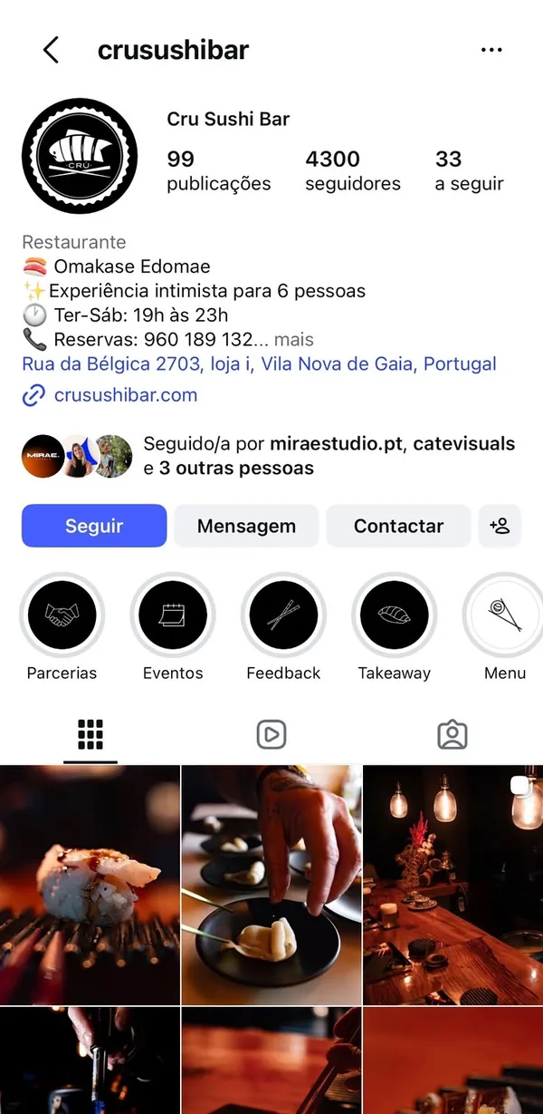 Perfil de Instagram de Cru Sushi Bar